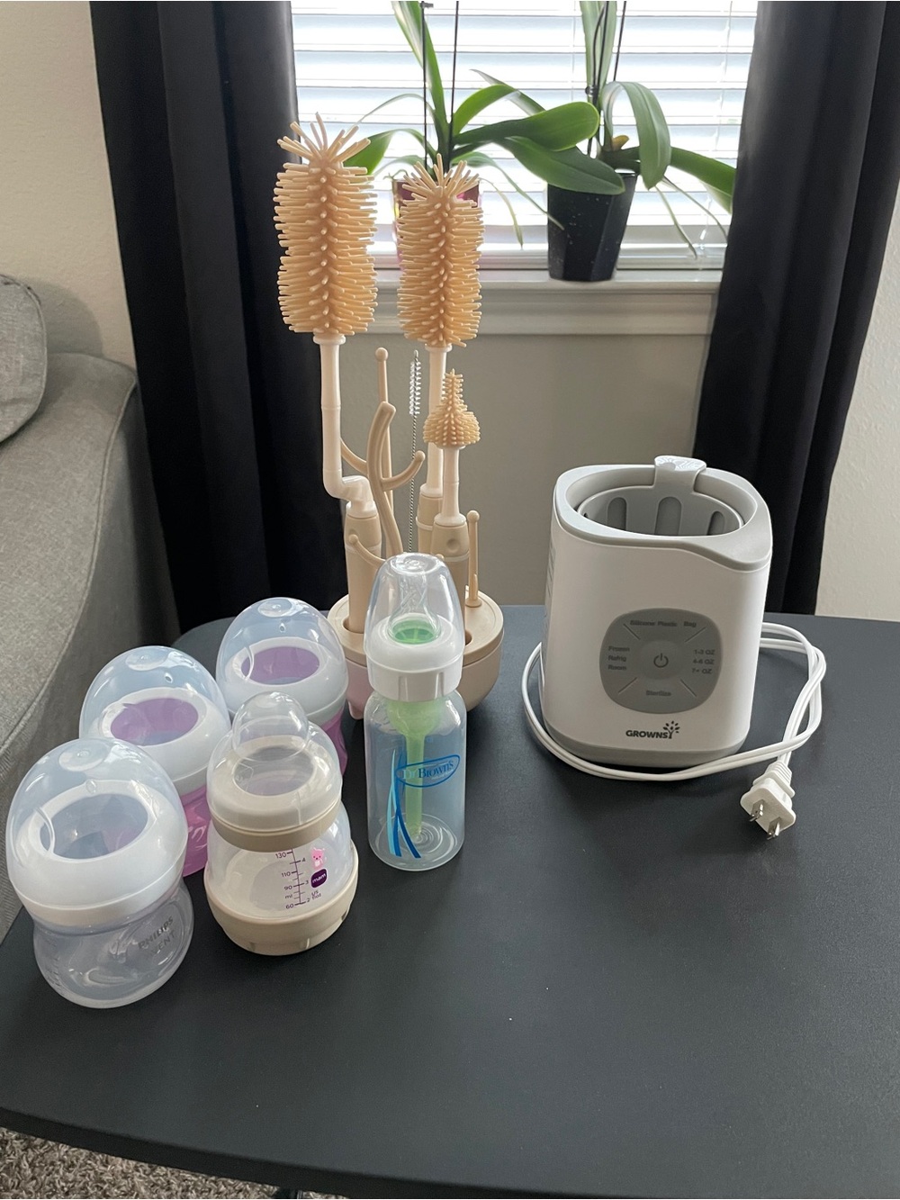 Baby Bottle Set with Sterilizer & Brush Stand - White & Beige